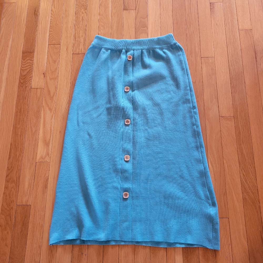 5/$20 Vintage teal blue button down knit ribbed midi pencil skirt small
